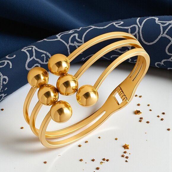 Modern Chic Ball‎ Cluster 18K Gold Plated Stainless Steel Bangle Bracelet - Picture 6 of 13